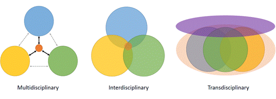 Visual depiction of Multidisciplinary, Interdisciplinary and Transdisciplinary concepts