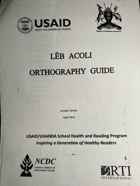 Figure 3. Cover page of the Acholi orthography produced as part of the USAID/Uganda School Health and Reading Program.