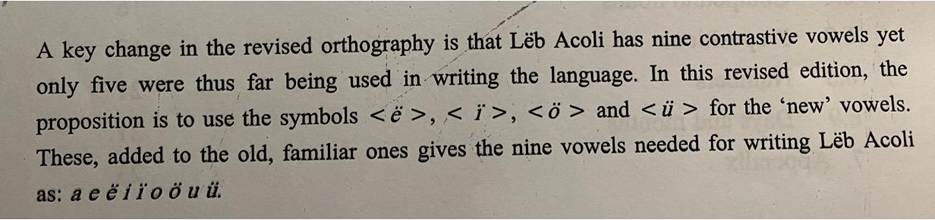 Figure 4: Excerpt of Acholi orthography produced as part of the USAID/Uganda School Health and Reading Program describing newly introduced vowels.
