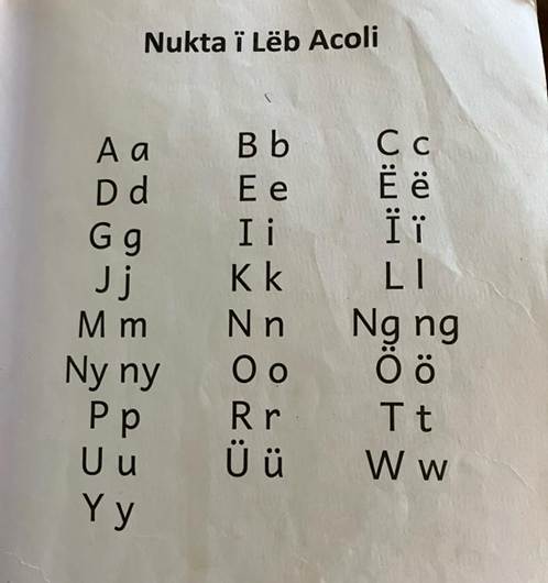 Figure 5: The alphabet, or "nukta", utilized in Acholi language textbooks produced as part of the USAID/Uganda School Health and Reading Program