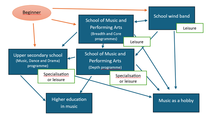 The figure shows possible instrumental education paths a beginner in Norway can choose, including both vocational training and music as a leisure activity.