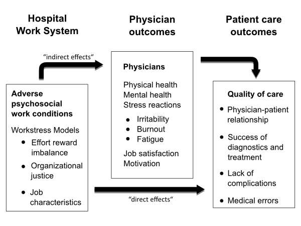 ramework on indirect and direct pathways of physicians’ psychosocial work conditions and well-being for the quality of care. 