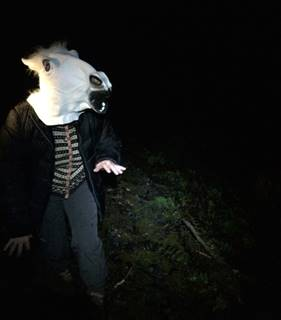 A person walking in the dark forest with a white horse mask on her head