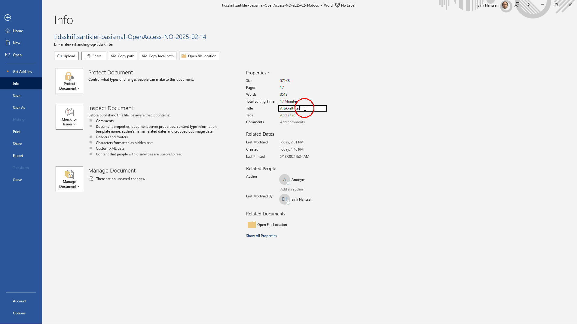 Fil > Info > Egenskaper > Tittel
