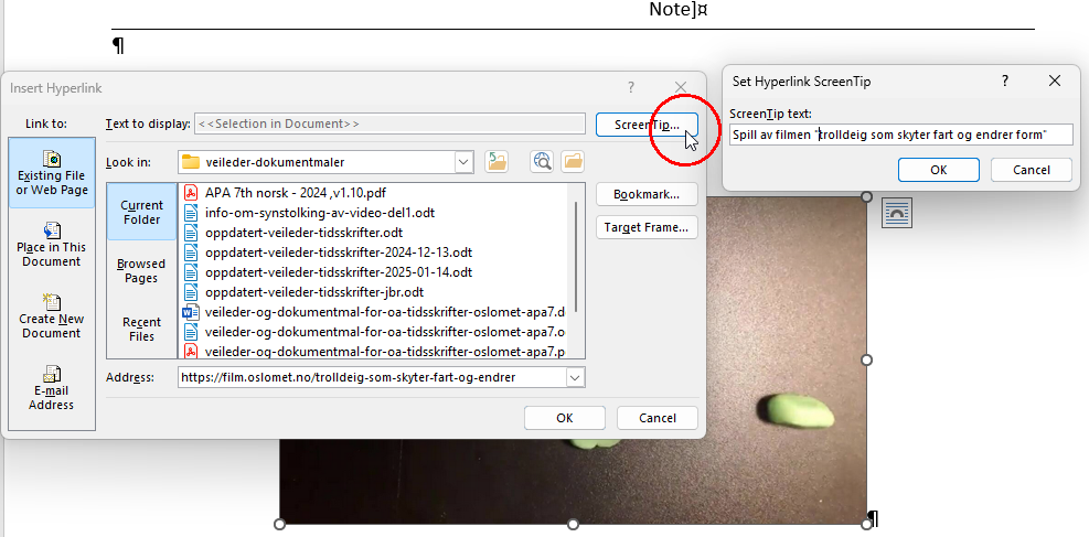 Når du er i dialogboksen for å legge inn en lenke, trykk på knappen Screen Tip for å legge inn en beskrivelse av lenken.