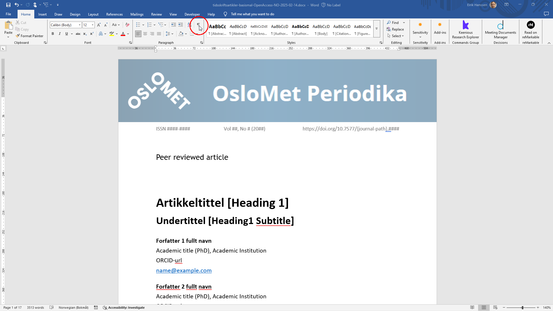 Aktiver visning av skjulte tegn fra hjem-fanen