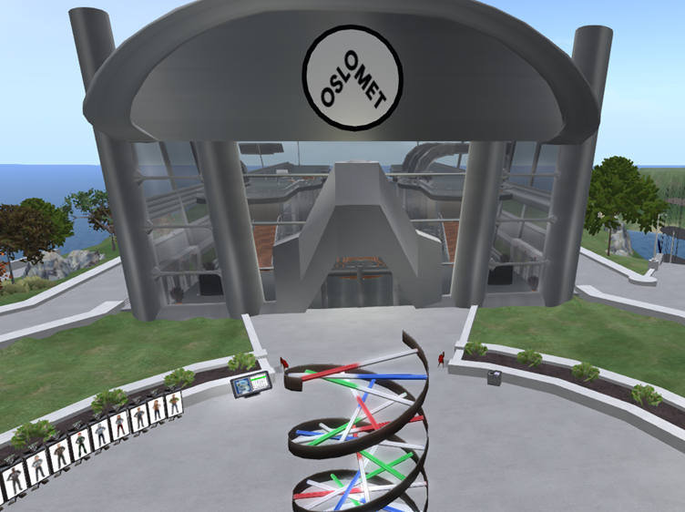 Figure 2. View of the entrance to the OsloMet virtual campus in OpenSimulator