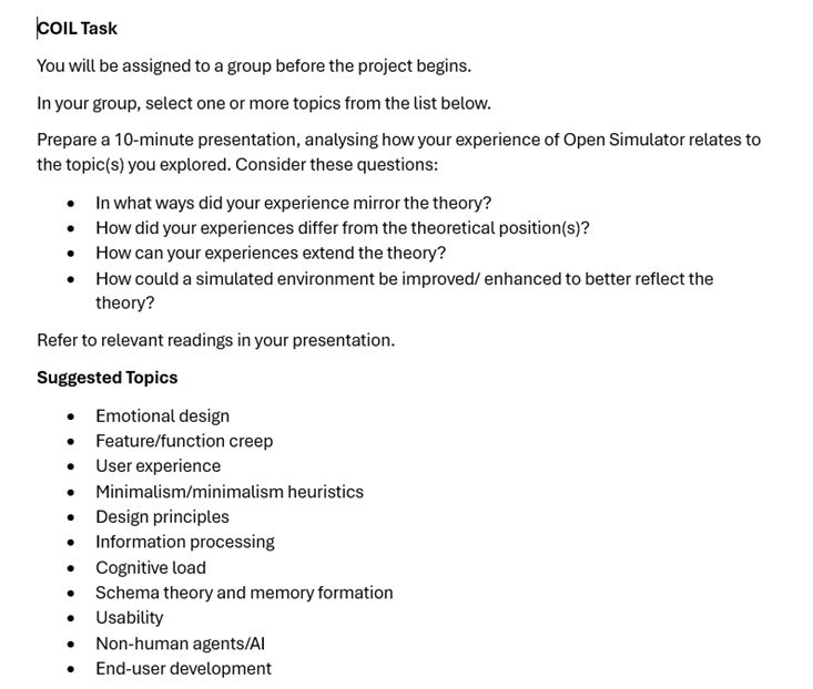 Figure 3. Excerpt from the assignment brief showing the task that students were assigned, the questions they were asked to consider, and som suggested topics for their presentations.