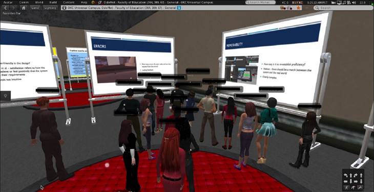 Figure 6: Group of student avatars facing various presentations within the MUVE platform.