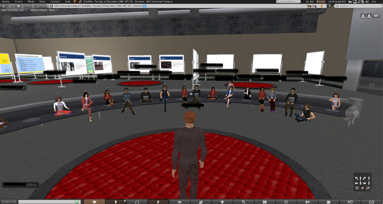 Figure 7: One instructor avatar standing while facing student avatars (and other instructor avatars) as they sit on a large couch. One student avatar is sitting on the floor. The presentations are visible in the distant background.