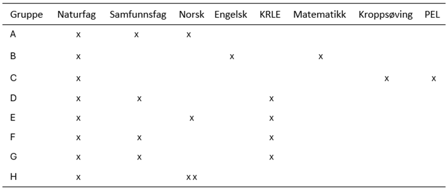 Tabell som viser fagsammensetningen i åtte grupper (A–H). Naturfag er representert i alle grupper. Gruppe A inkluderer naturfag, samfunnsfag og norsk. Gruppe B inkluderer naturfag, engelsk og matematikk. Gruppe C inkluderer naturfag, kroppsøving og PEL. Gruppe D inkluderer naturfag, samfunnsfag og KRLE. Gruppe E inkluderer naturfag, norsk og KRLE. Gruppe F inkluderer naturfag, samfunnsfag og KRLE. Gruppe G inkluderer naturfag, samfunnsfag og KRLE. Gruppe H inkluderer naturfag og norsk, med to deltakere i norsk