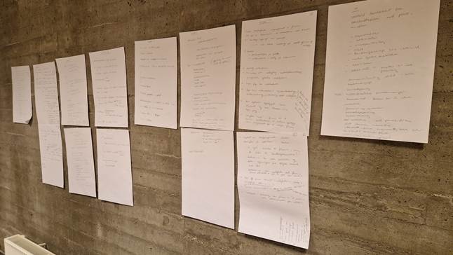 Figuren viser håndskrevne ark med stikkord hentet fra transkripsjonene, hengt opp på veggen. Stikkordene ble utarbeidet på bakgrunn av sammendrag av transkripsjonene fra hver gruppe, som ble lest høyt under det første fysiske møtet i den kollektive analysen.