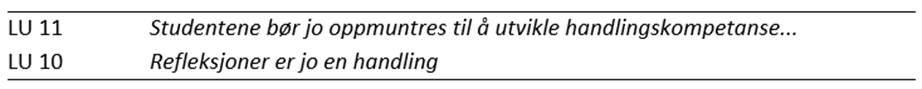 Tabell med to sitat fra lærerutdannere. LU 11: Studentene bør jo oppmuntres til å utvikle handlingskompetanse… LU 10: Refleksjoner er jo en handling.