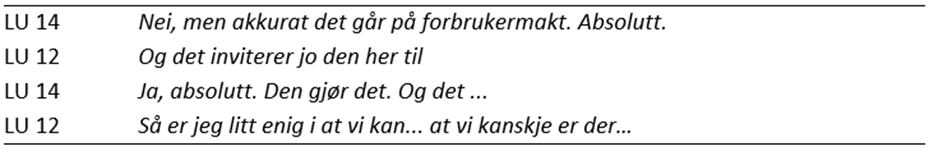 Tabell med et dialogutdrag mellom to lærerutdannere (LU 12 og LU 14). LU 14 innleder med å knytte temaet til forbrukermakt. LU 12 følger opp med at dette inviterer til diskusjon. LU 14 bekrefter, og LU 12 avslutter med å antyde en viss enighet om at de kanskje er på rett spor.