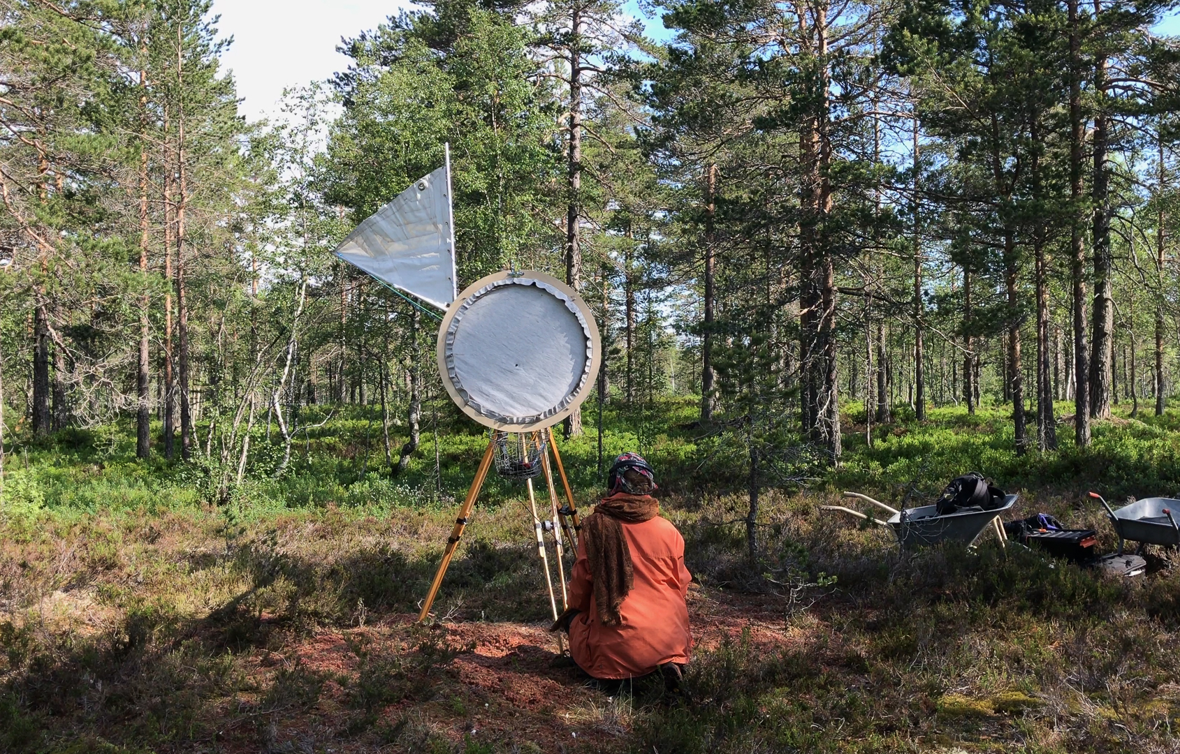 Photo of a forset landscape with an aparatus on the middel with a cricle and a triangle, and a person sitting on the ground. From video artwork by Røed.