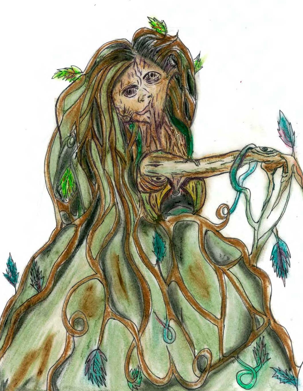 A coloured drawing of a female troll in a green dress of roots and branches