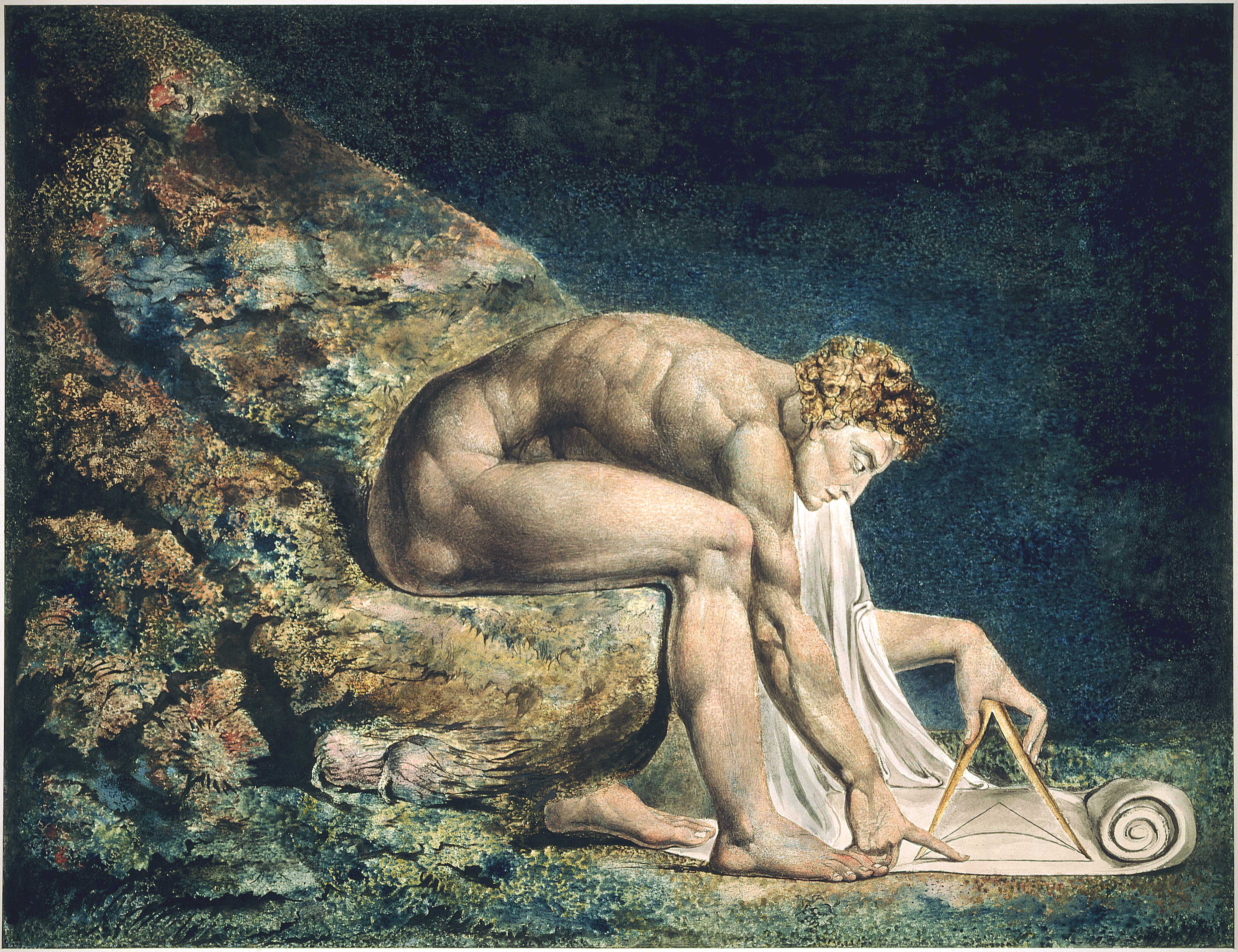 Photo of William Blakes painting of a naked man using a compas, a drawing instrument.