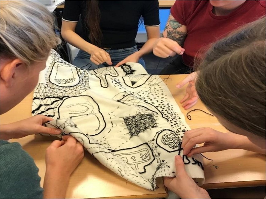 Photo of People making collective embroidery work. Photo: Randi Veiteberg Kvellestad