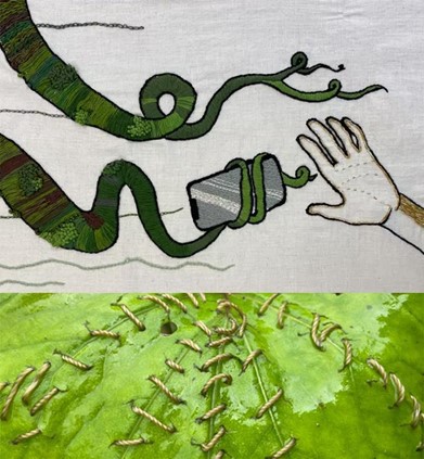 A painting of a hand and some tentacles holding a phone. Some green material sewn together.