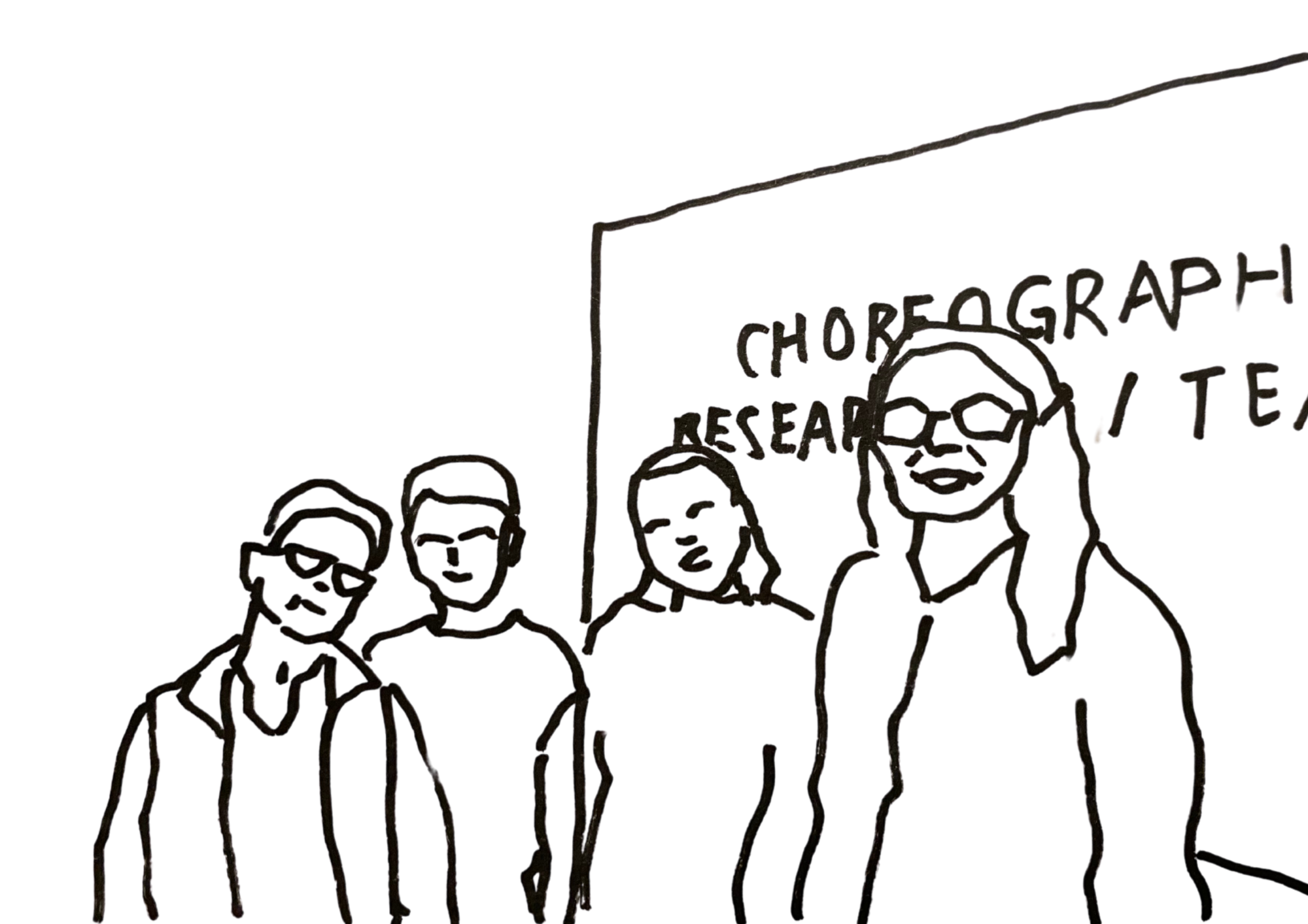 A drawing of some people in front of a sign showing the words choreograph andd research