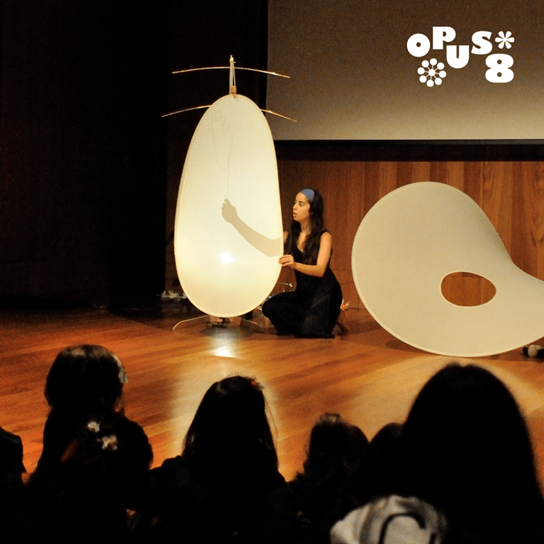 A performer playing with a round canvas screen