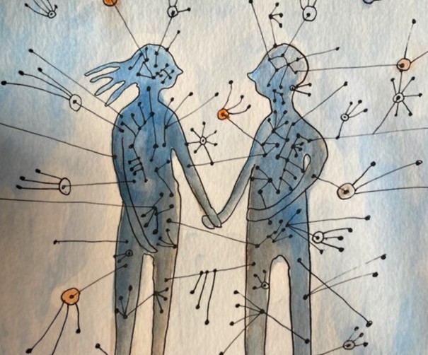 A drawing of a man and a woman, with many lines and dots.