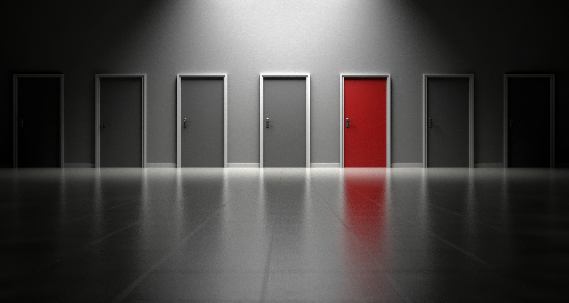 A row of doors, all in shades of grey except one red door. Copyright: Pixabay