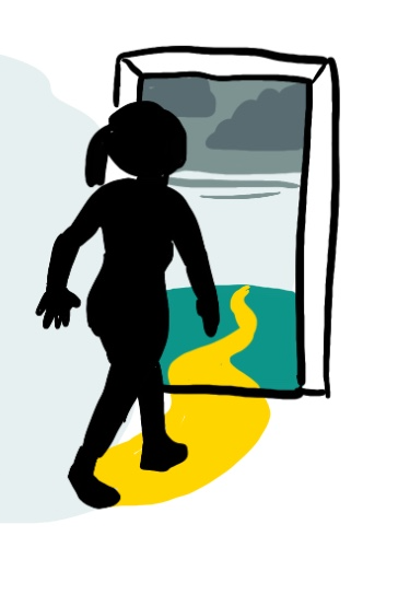 A young person walking through a door and out into the world