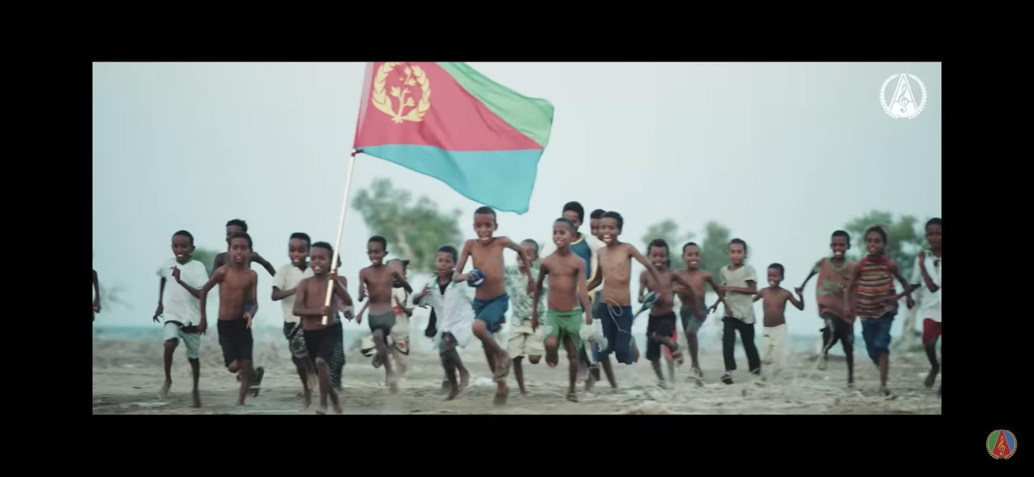 A group of Eritrean children running with the Eritrean flag - learning self-determination