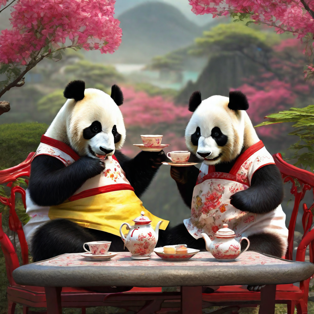 Panda bears drinking afternoon tea