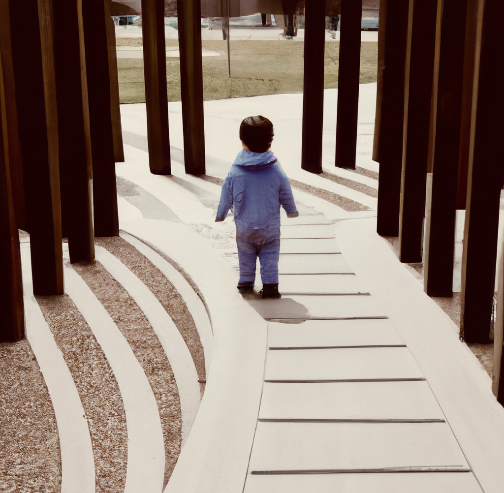 An abstract picture of a child seen from behind standing in front of pathways