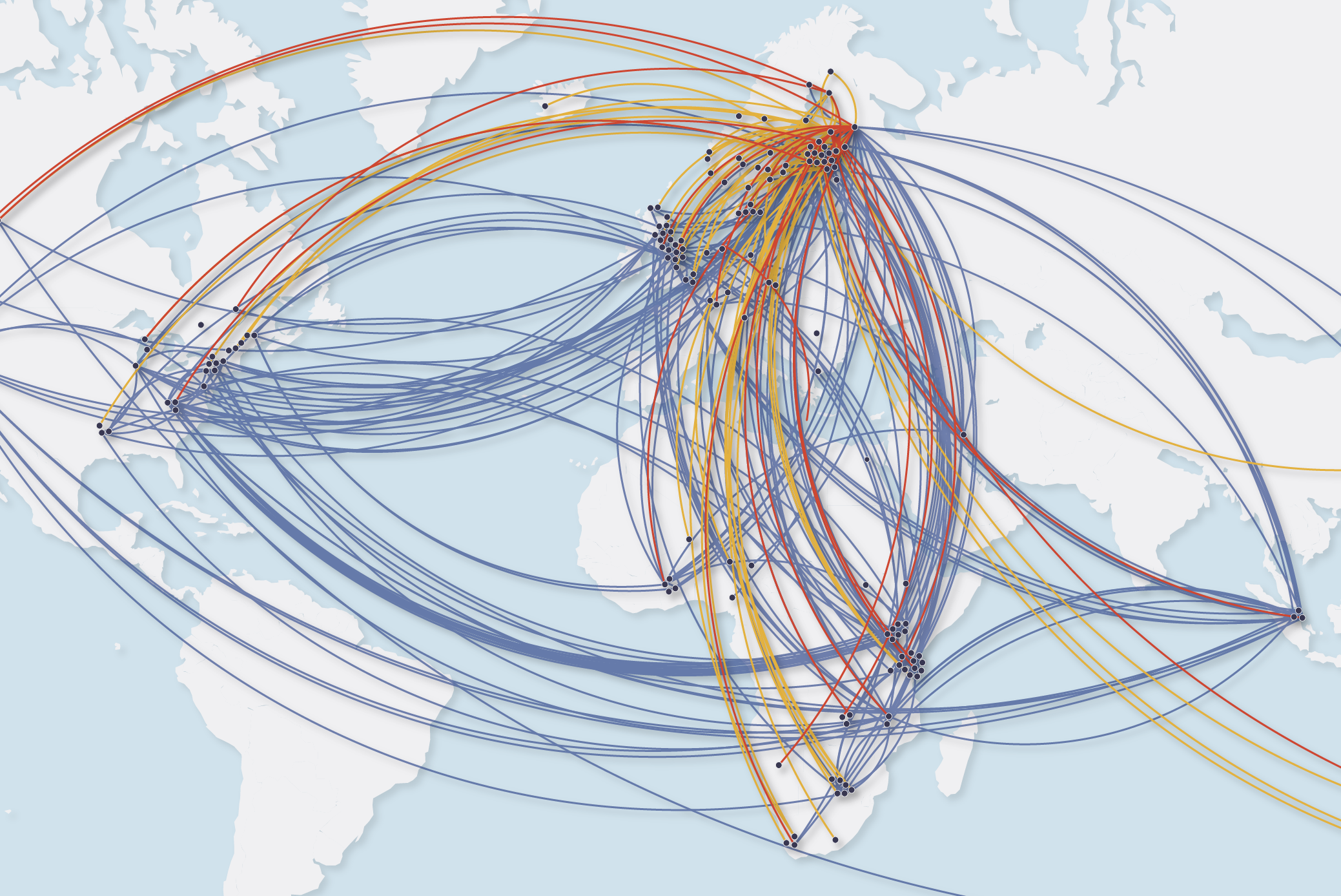 A map of the world and lines indicating connections between Finland and other countries in the world