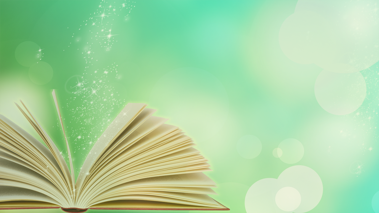 An open book on a green background