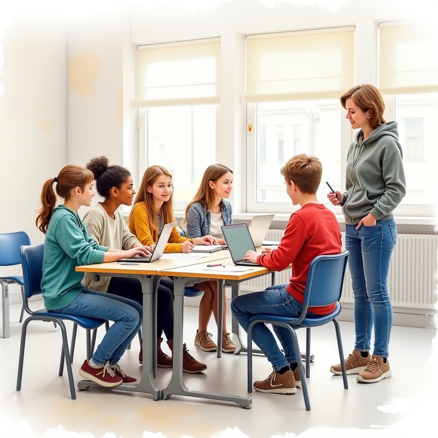 Five young students around a table with the teacher standing next to them
