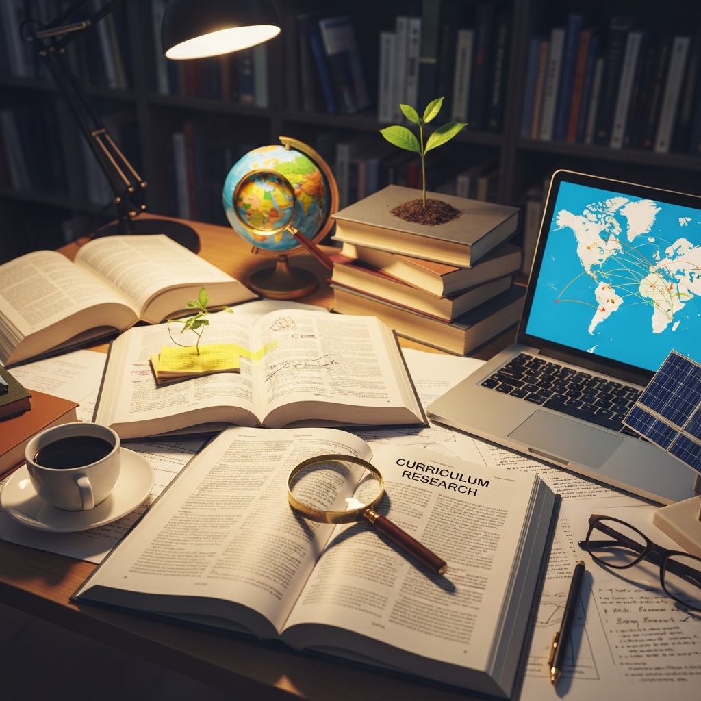 An AI generated picture of a desk with several books, a globe, a laptop, glasses, and a cup of coffee