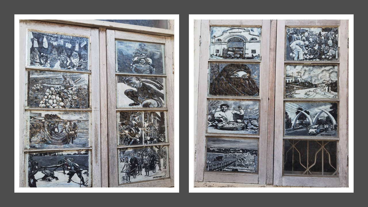 photos of art by Karanja (2020) on windows at Fort Jesus, Mombasa, Kenya, depicting life in Mombasa, slavery / conscription of locals by the Portuguese to build the fort (Photos taken by Kerenina on July 8th, 2024)