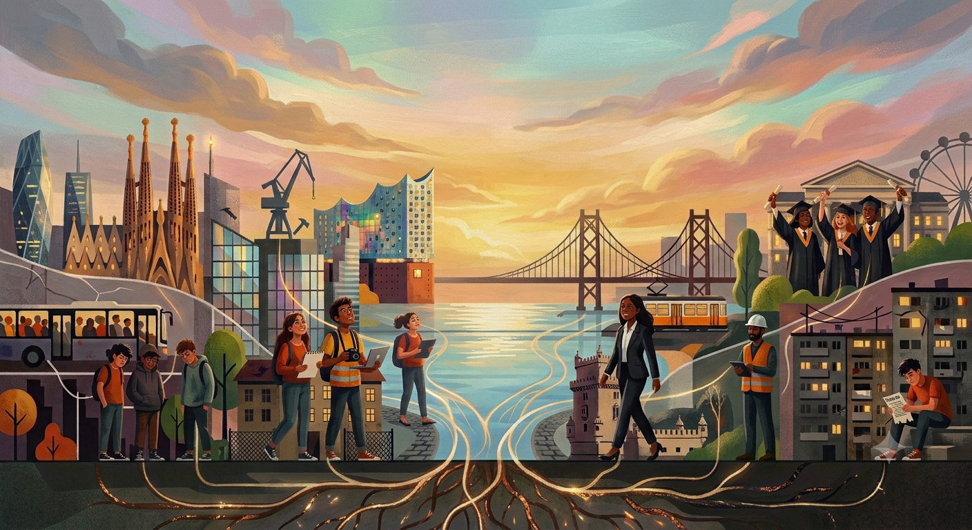 Note. Image generated using Gemini (Google), August 3, 2026. Prompt: "Cover illustration depicting young people's life courses across urban opportunity structures in Barcelona, Hamburg, Lisbon, and Vienna in a soft oil painting style." Google. (2026). Gemini (Aug 3 version) [Large language model]. https://gemini.google.com