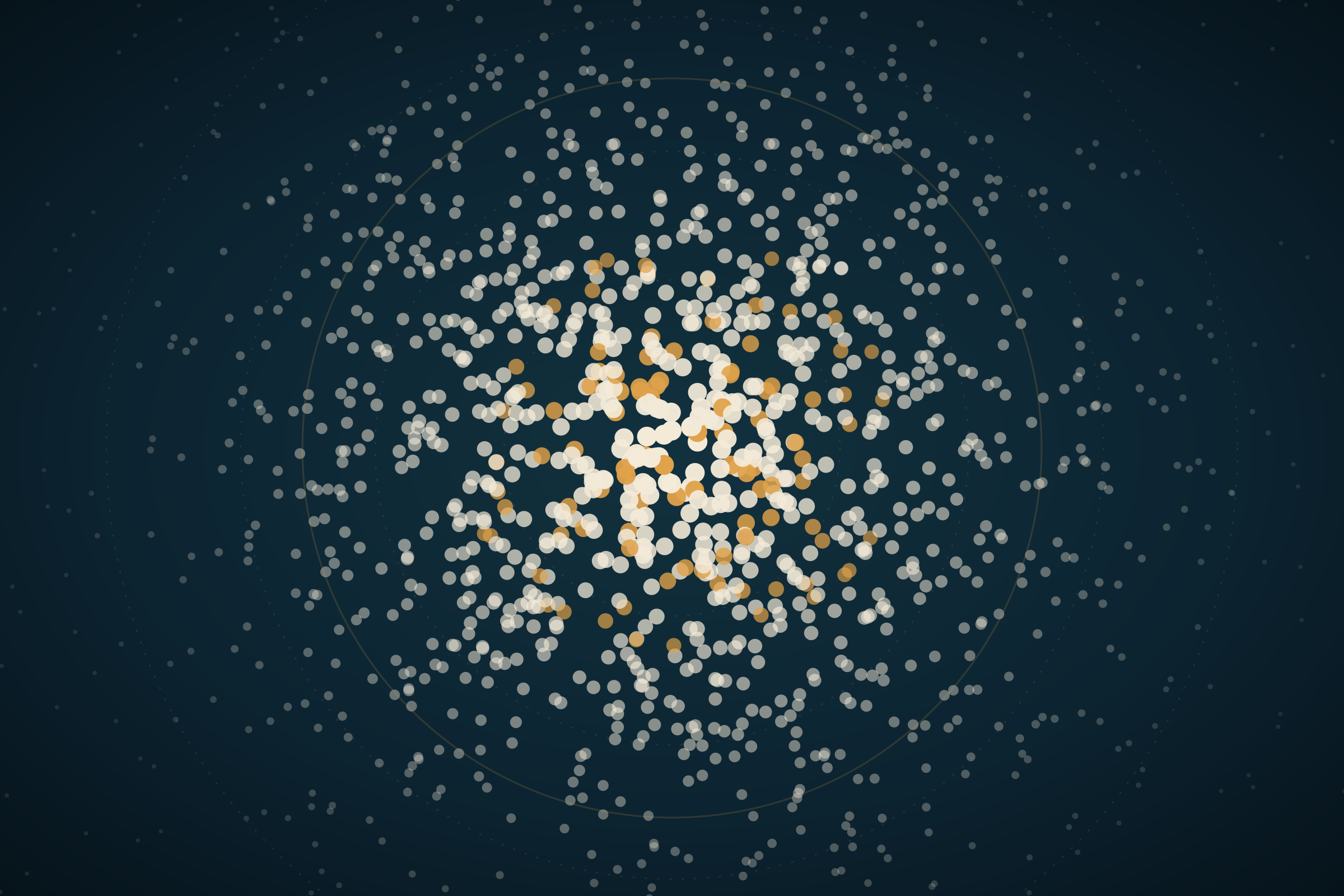 Core and Periphery: A dense cluster of points at the centre of a dark field thinning out towards sparse, dim points at the edges (produced with AI)