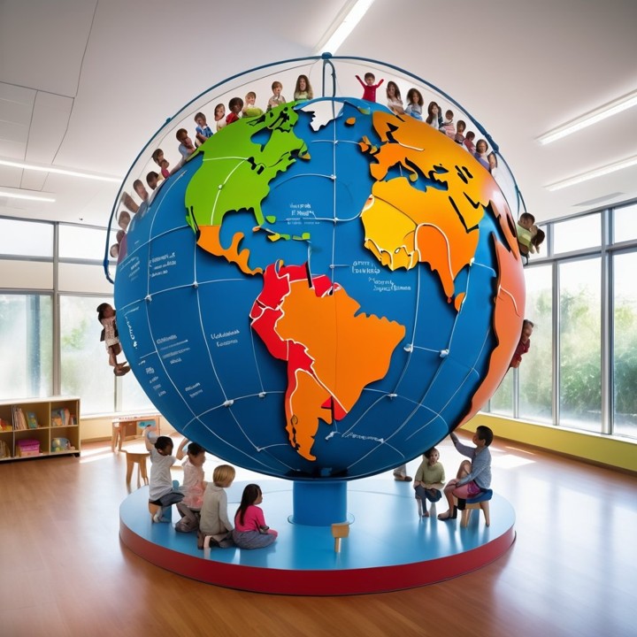 A globe inside a room, many children around
