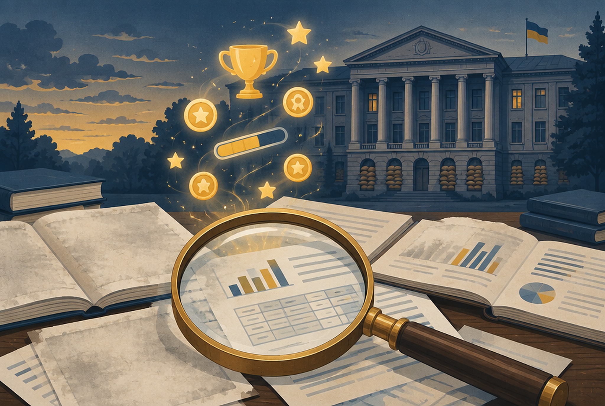 Illustration of a magnifying glass over research papers with game icons rising from them, and a Ukrainian university building with sandbagged windows at dusk.