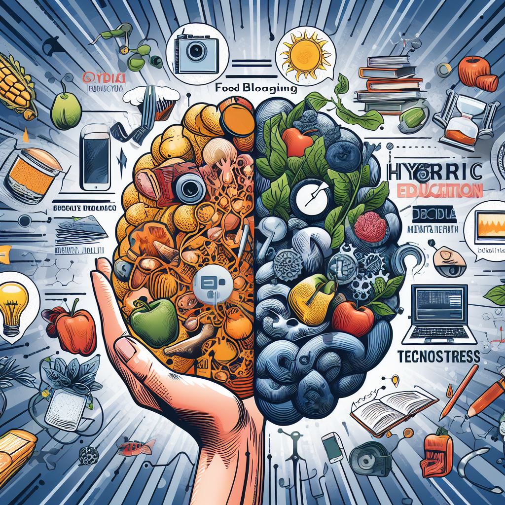 AI-created image that interweaves themes of food blogging, hybrid education, digital social media, mental health, and pandemic-induced technostress