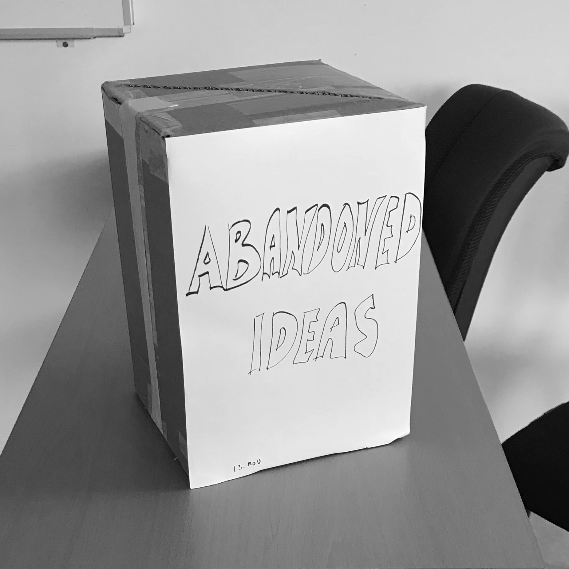 Box with text: Abandoned ideas.