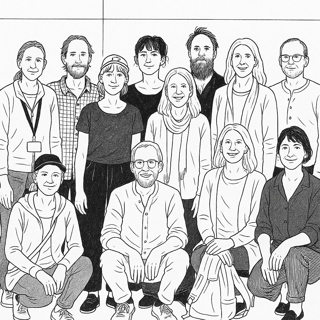 A black-and-white line drawing of a group of designers posing for a group photo.