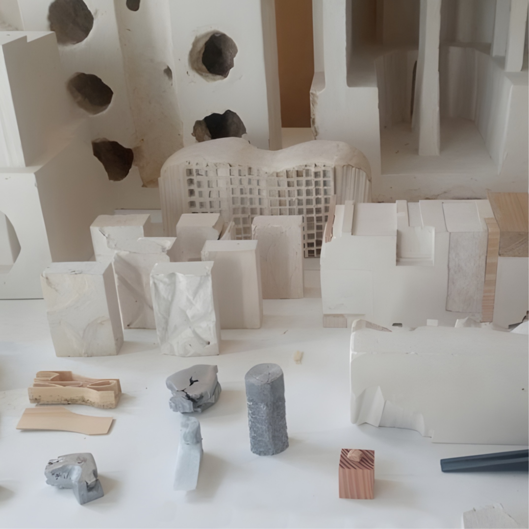 Architectural models in scales 1:250, 1:50 and 1:25, mainly in plaster, some in aluminium and wood, displayed on a podium.