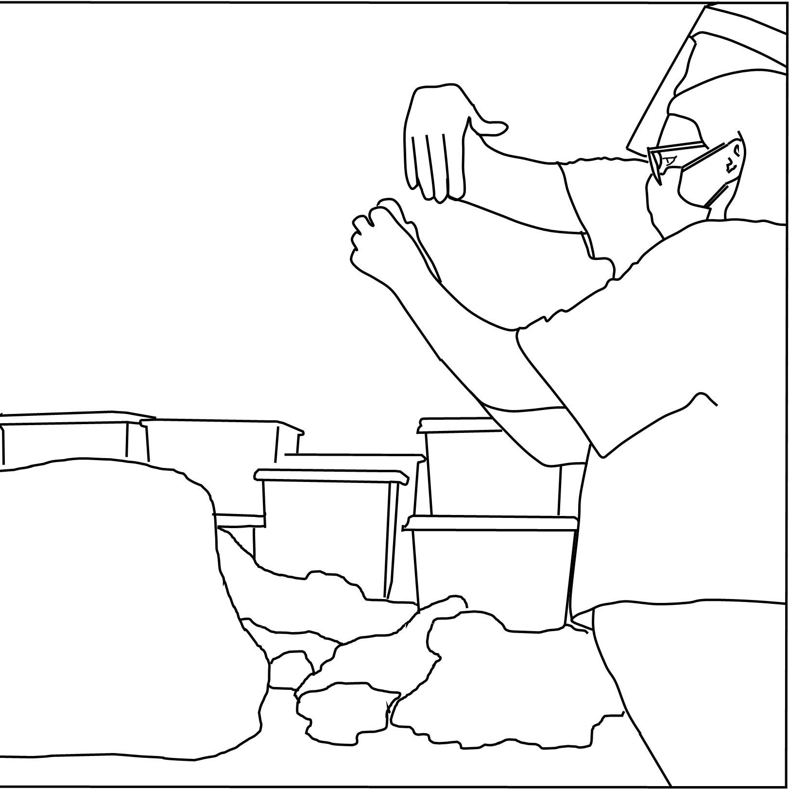Stylized illustration of students gathered around a worktable where two students are interacting with one another.