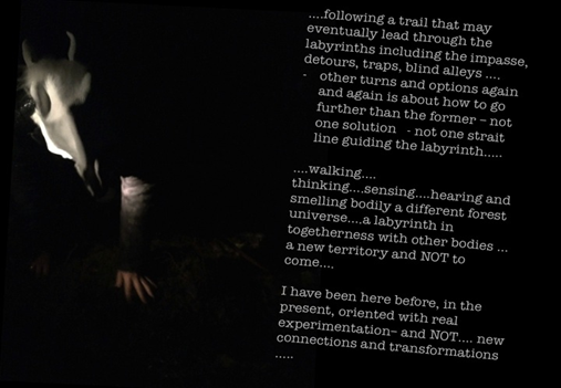 A person with a white horse mask on her head, kneeling in the dark