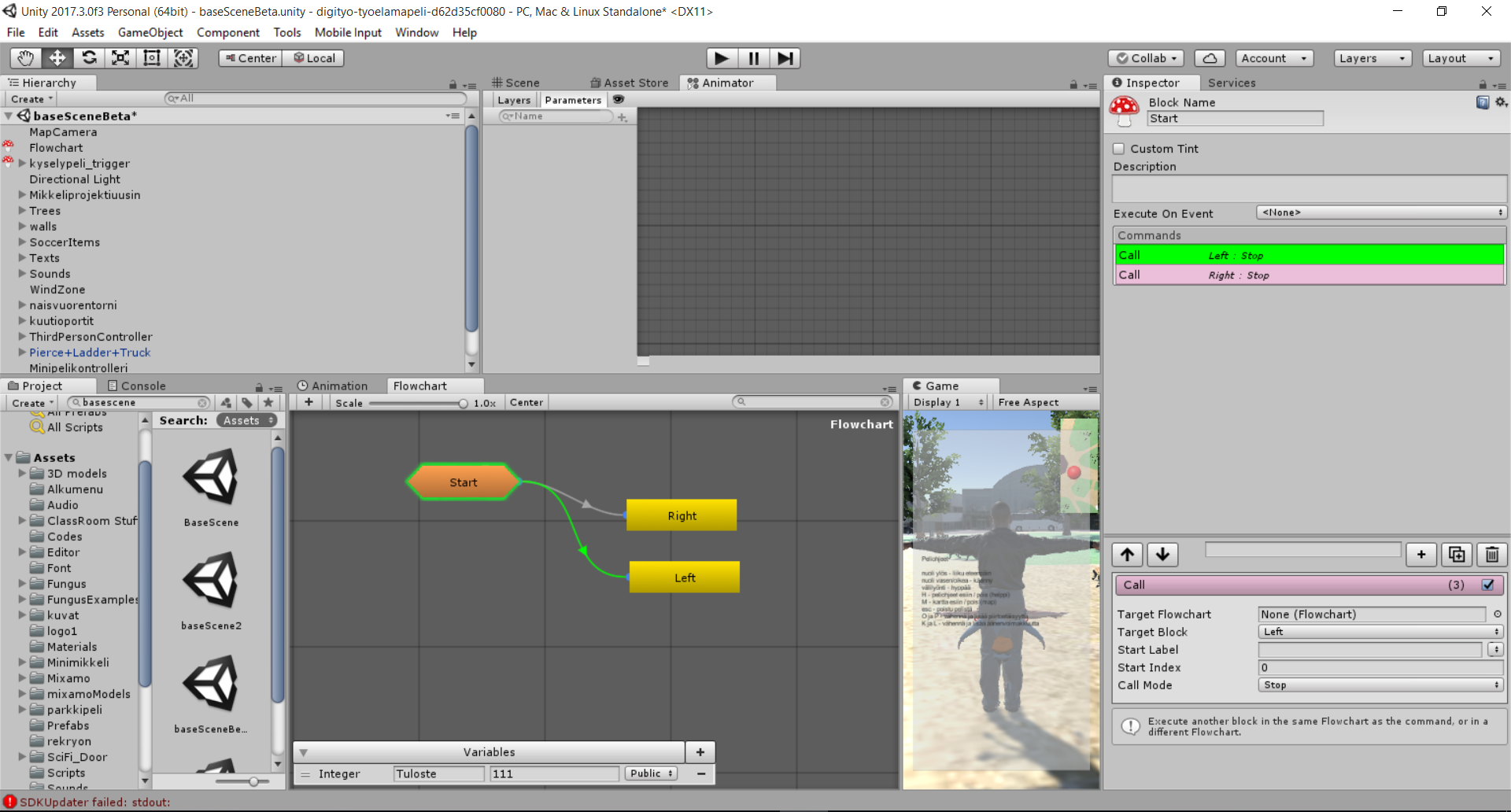 A screenshot of the Fungus user interface. Some of the parts that can be seen: Creation panel for creating different types of objects/blocks (Trees, walls, sounds, texts etc). There is an animation panel. Play controls. A block inspector. A panel for navigating assets. A flowchart. A game display.