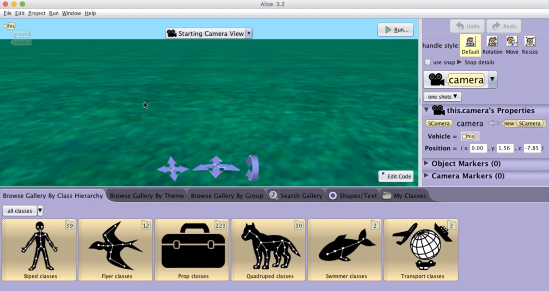 There is a large scene/world/camera view, with a run button and a edit code button. To the right hand side, there is a panel with camera options. Below these two, there are tabs to browse by class hierarchy, theme, gallery by group, to search gallery, shapes/text and my classes. The Browse by class hierarchy is highlighted: Large icons for selecting different class types: Biped classes, flyer classes, prop classes, quadruped classes, swimmer classes and transport classes.